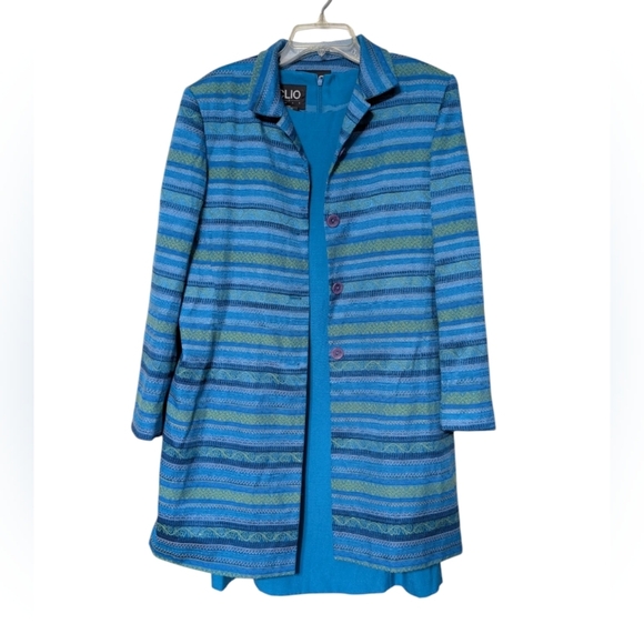 Clio 2 Piece Stylish Blue Striped Women's Button Down Coat And Dress Set Size 14 - Picture 1 of 16